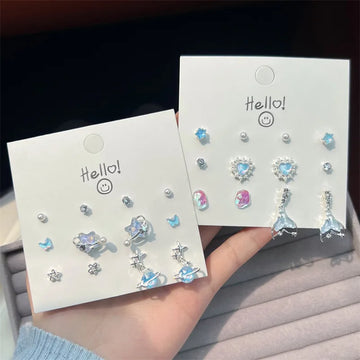 DAIIIBABYYY  -  Blue Pink Butterfly Bow Pearl Stud Earrings Set for Women Fish Tail Aurora Planet INS Korean Fashion Sweet Girls Earring Jewelry